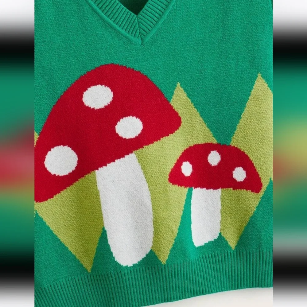 Mushroom Print V Neck Sweater Vest Springtime Green Red Sleeveless S-L - Picture 4 of 6